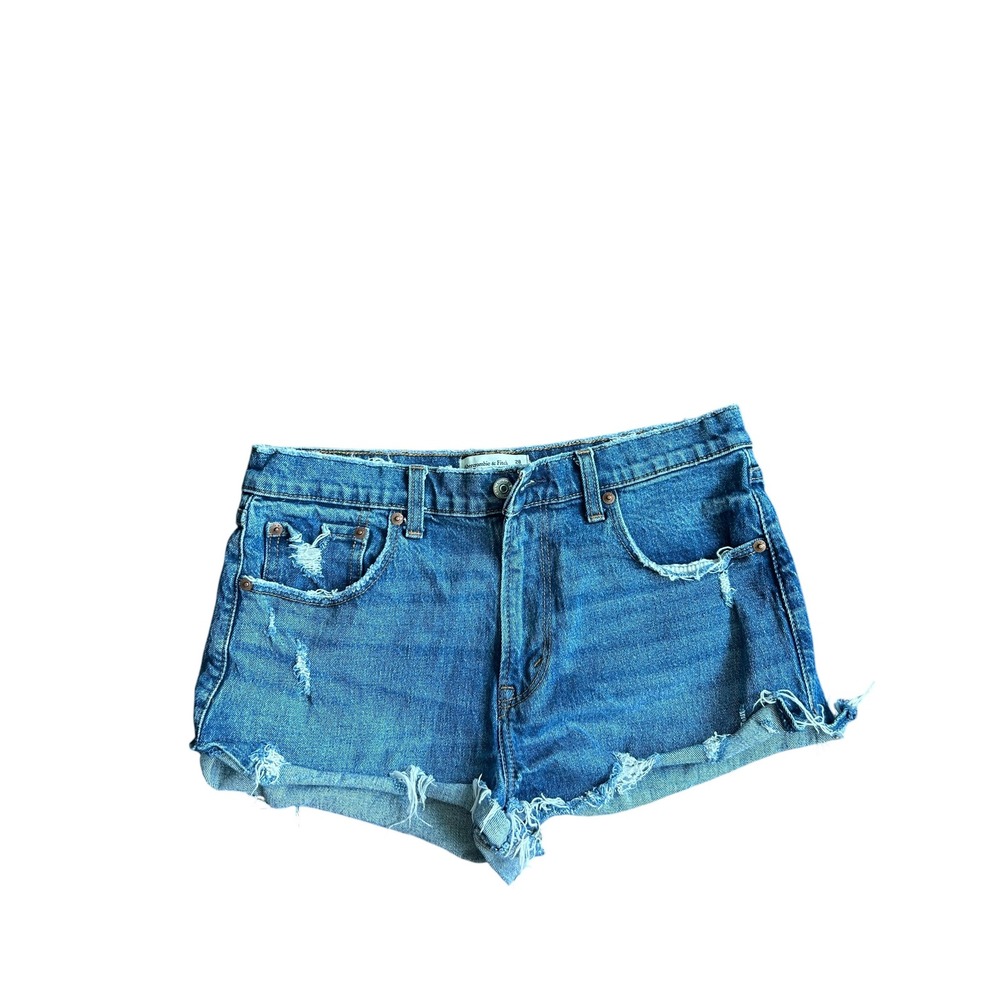 Abercrombie & Fitch The Mom Short Mid Rise Distressed Denim Blue Size 28 6